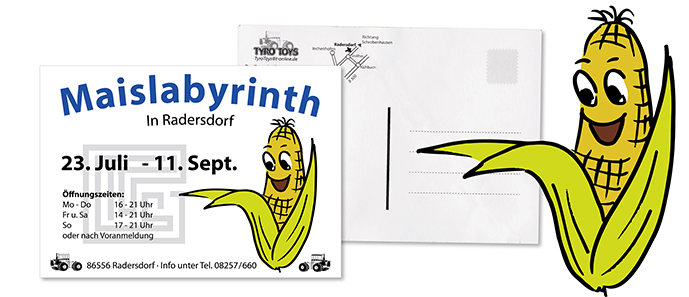 Gestaltung Maskottchen für Maislabyrinth, Postkarten | Tyro Toys